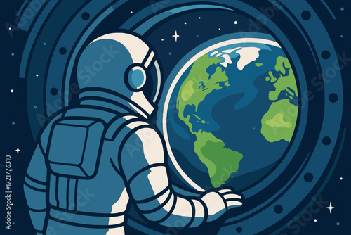Illustration of an astronaut gazing at Earth from a spaceship window, representing space exploration