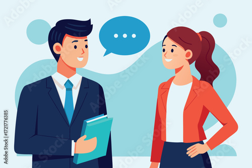 Professionals engage in conversation with friendly expressions in an office setting during daytime