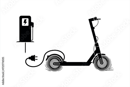Black silhouette electric scooter charging at station with lightning bolt charging station electricity