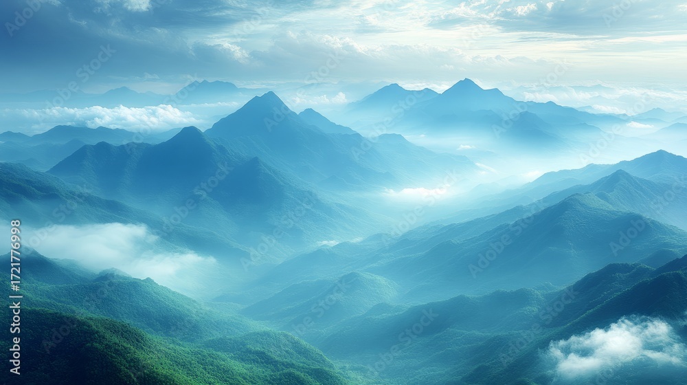 Fototapeta premium Misty dawn envelops majestic mountains, creating a tranquil atmosphere with soft blue tones and serene vistas