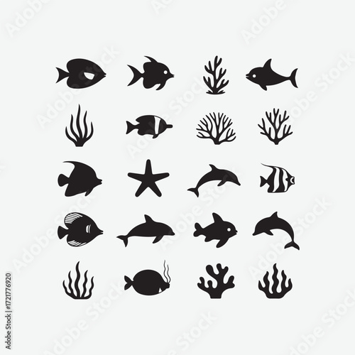 Ocean marine life vector set featuring fish, dolphins, starfish, and coral. Ideal for sea-themed designs, eco-friendly branding, and educational graphics.