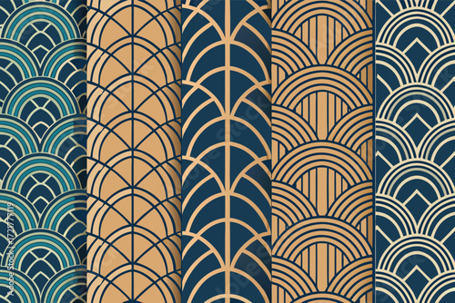 Decorative geometric patterns in blue, gold, and cream featuring circular designs and lines