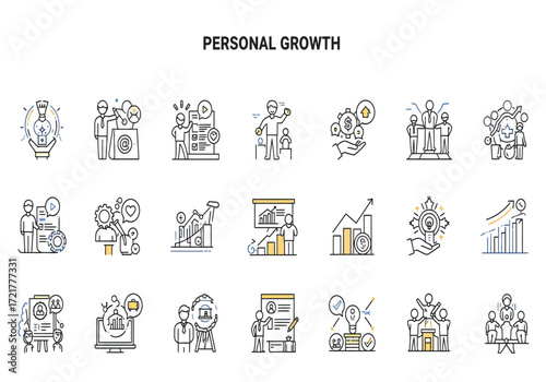Diverse collection of hand drawn line art icons representing personal growth and development concepts in a grid layout