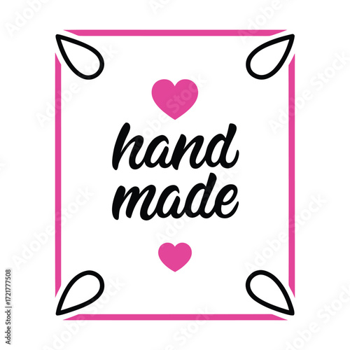 Pink and black handmade text with hearts and teardrop shapes lettering script