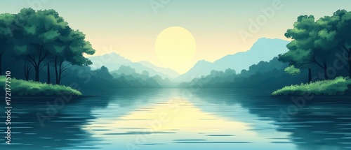 Serene landscape with sun over mountains and calm river reflection.
