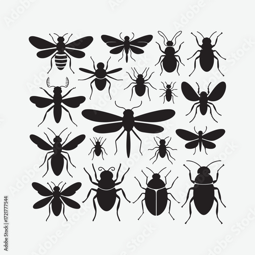 Extensive vector collection of insects including beetles, dragonflies, and bees. Ideal for educational graphics, logos, patterns, and creative artwork.