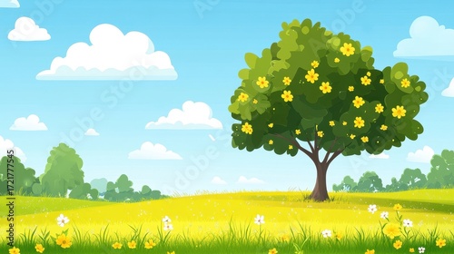 Single tree with yellow flowers on vibrant green grass under a clear blue sky.