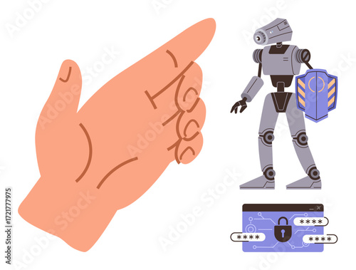 Human hand with robot carrying a shield, and password-protected authentication interface. Ideal for technology, AI, cybersecurity, trust, collaboration, protection and innovation. Simple flat
