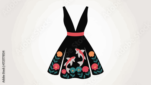 Black Dress with Koi Fish and Floral Pattern on Textured Background fashion clothing