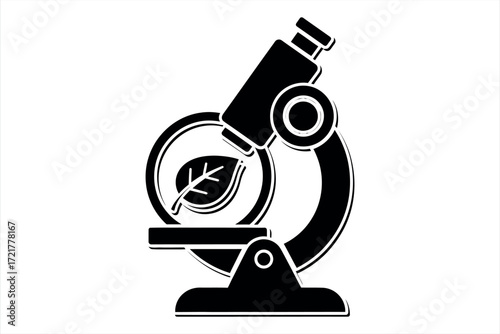 Black silhouette of a microscope examining a leaf on a white background science biology