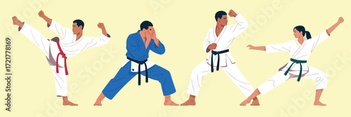 Diverse Martial Arts Students Practicing in Dojo,  Vector Illustration of Training, Kimonos, Fighting Techniques, Attacking, and Learning Together in Educational Sports Class Environment