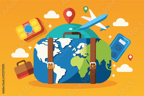 Travel suitcase filled with travel icons and symbols on a bright background