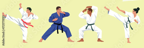 Martial Arts Training Scene Vector,  Students in Kimonos Practicing Fighting and Attacking Techniques Together in Dojo, Educational Sports Illustration, Karate, Judo, and Self-Defense Class Artwork