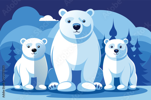Family of polar bears in a snowy landscape during twilight hours