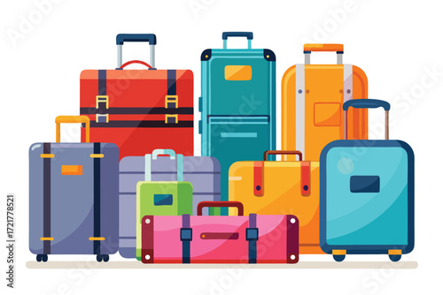 Colorful collection of travel luggage arranged together in various shapes and sizes at a travel destination