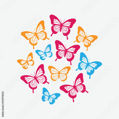 Beautiful colorful butterfly vector set arranged in a circular design for decorative artwork, branding, wallpapers, and nature-inspired projects.