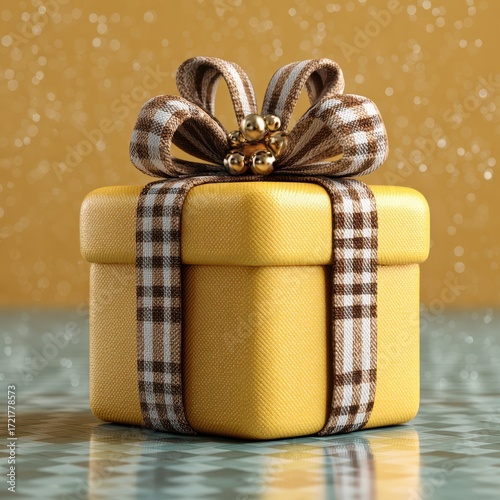 Bright yellow gift box with ribbon on a reflective surface against sparkling background