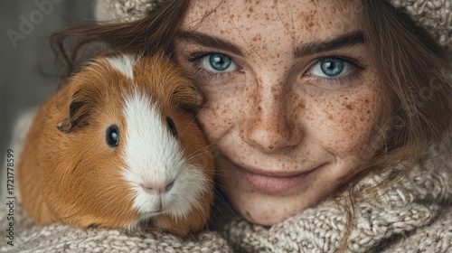 Young girl cuddles a guinea pig while wearing a cozy sweater in a warmly lit indoor setting during winter