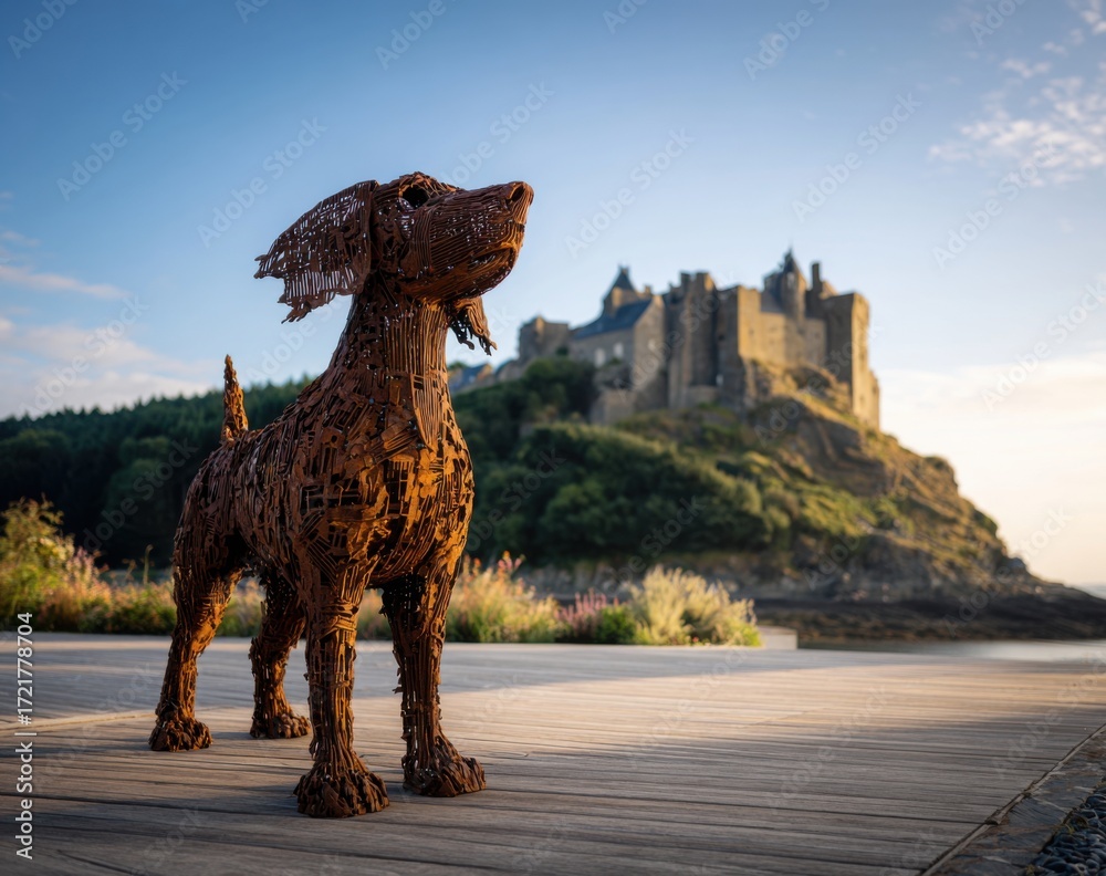 Naklejka premium Rusty dog sculpture by the sea