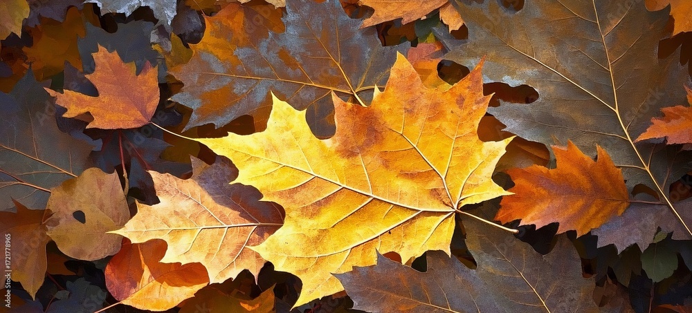 Fototapeta premium Abstract fall leaves pattern background with overlapping silhouettes in warm colors. Generative AI.