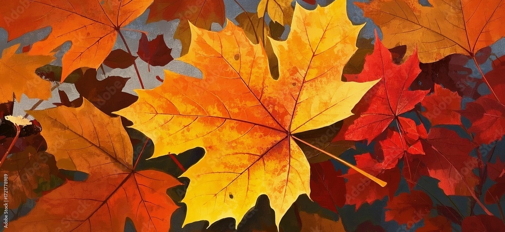 Fototapeta premium Abstract fall leaves pattern background with overlapping silhouettes in warm colors. Generative AI.