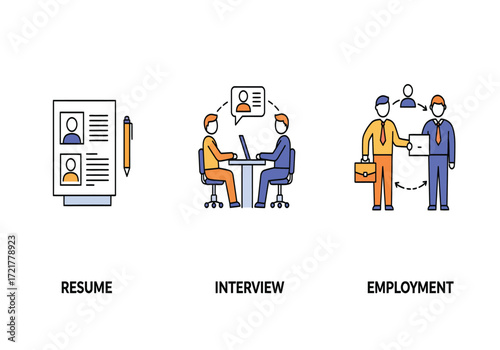 Job application process icons showing resume building interview and successful employment with handshake and offer letter