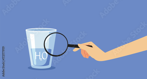 Person with Magnifying Checking Water Quality Vector Illustration. Inspector testing the drinking water for purity of filtration
