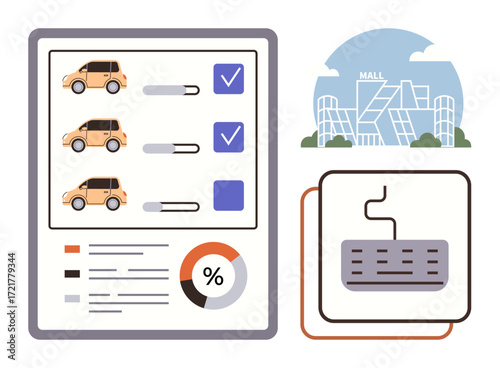 Cars displayed with sliders and checkboxes for selection, pie chart for analysis, modern mall in background. Ideal for e-commerce, shopping, decision-making, data visualization, comparison, urban