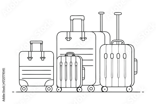 Collection of different stylized luggage bags ready for travel on a plain background