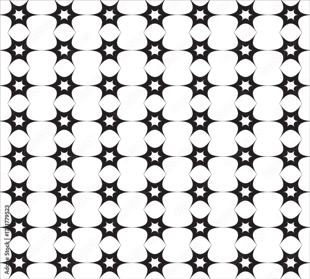 Naklejka premium Black star-like shapes on white grid squares form a bold optical illusion pattern—ideal for modern textiles, wallpapers, packaging, and visually striking decorative surfaces.