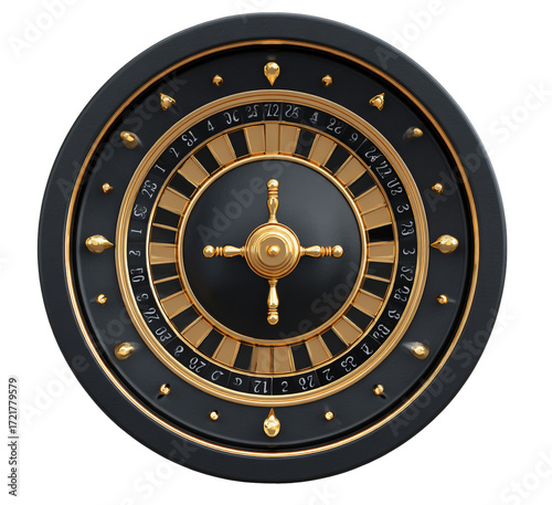 A luxurious black and gold roulette wheel isolated on transparent background