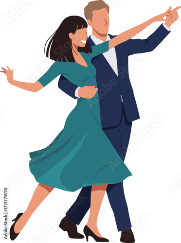 Elegant couple dancing, romantic pose, ballroom movement, teal dress, formal suit, graceful motion, stylish footwear, love expression, dance illustration, vector art