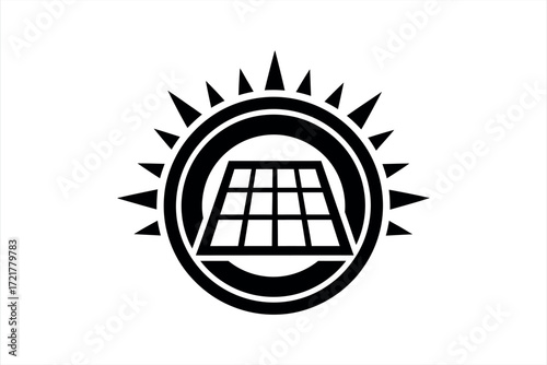 Black solar panel icon with sun rays and circular frame on white solar energy
