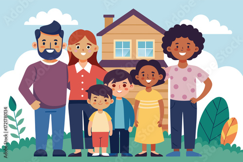 Cheerful family poses together in front of a house on a sunny day