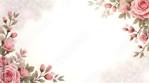 Elegant Pink Rose Floral Frame with Buds on White Background for Wedding Invitations