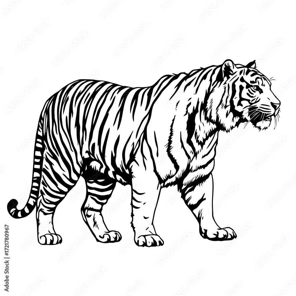 Fototapeta premium Vector illustration of a wild striped tiger, a powerful feline predator, isolated on a clean white background