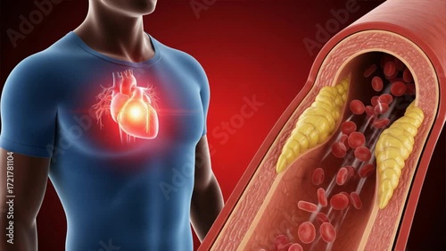 A male torso with glowing heart and artery showing plaque buildup and red blood cells highlighting poor blood circulation, high cholesterol, circulation issues