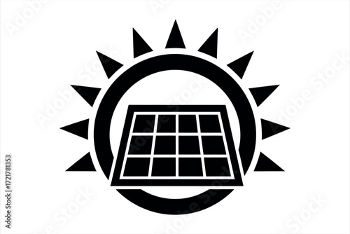Black solar panel icon with sun rays and circular frame solar energy renewable energy