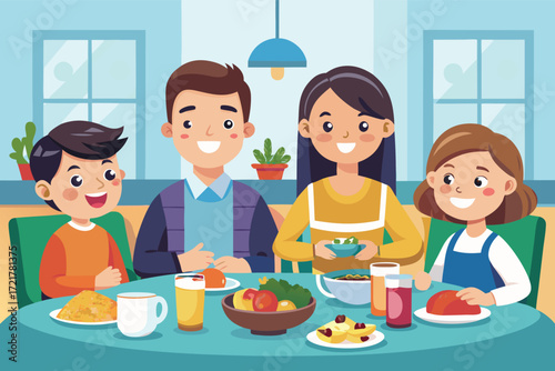 Family enjoys a cheerful meal together at home in a bright and colorful dining room during daytime