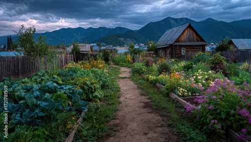 Rustic garden path leading to mountain village at dusk