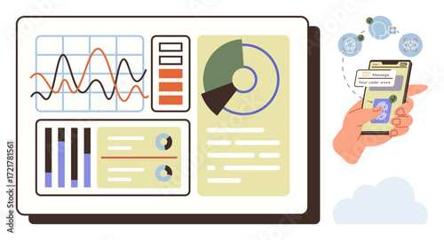 Data analytics dashboard showing charts, graphs, and metrics paired with a smartphone receiving messages. Ideal for business, analytics, communication, technology, information sharing, mobile apps