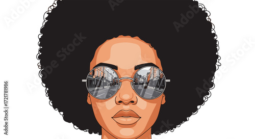 A portrait of a woman with a large afro and sunglasses reflecting a street scene.