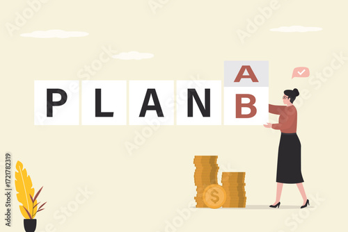 Confident businesswoman flip cube with word - plan A to plan B. Changing business strategies for survival concept, business strategy plan to have secondary for emergency case.