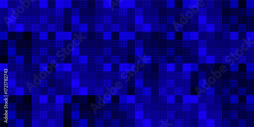 Blue Modern Stylish Halftone Technology Seamless Texture. Tech Abstract Background with Random Size Pixels. Vector Chaotic Squares Mosaic Pattern. Vector Tiles.