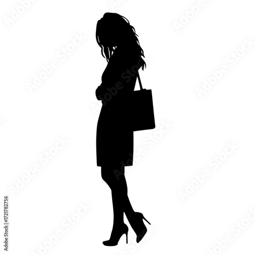 Woman silhouette standing with a handbag and high heels  