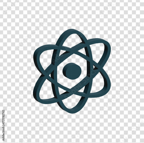 3D icon of an atom symbol, representing science, research, medicine, and medical technology.