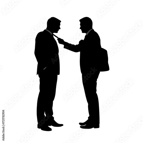 Two men tying a silhouette-style tie in formal attire  