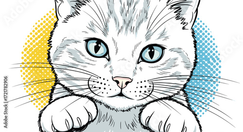 A charming illustration of a fluffy kitten with striking blue eyes.