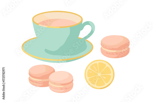 Delightful pastel tea set with macarons and lemon slice on a simple background