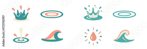 Colorful illustrations of water splashes and waves in simple design style for creative projects